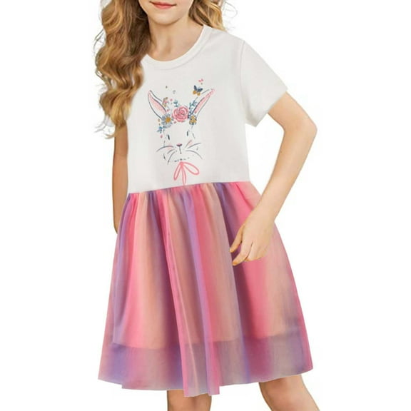 WOYY Toddler Girls Rabbit Print Short Sleeve Mesh Dres Cotton Casual Dress, Sizes 2-7