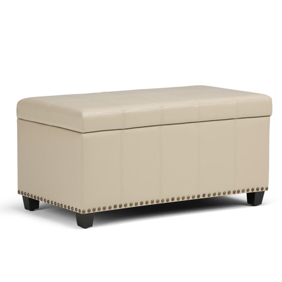 Amelia 33 inch Wide Storage Ottoman Bench in Satin Cream Vegan Leather