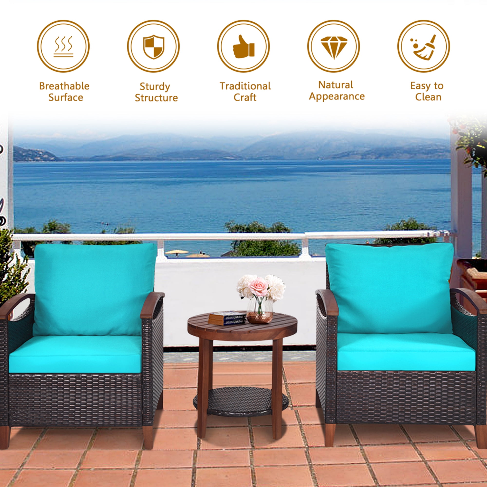 Gymax 3PCS Patio Wicker Rattan Conversation Set Outdoor Furniture Set w/ Turquoise Cushion