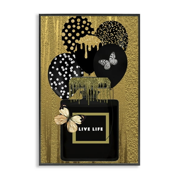 Stupell Industries Live Life Gold & Black Fashion Painting Black Framed Art Print Wall Art, 12 x 18