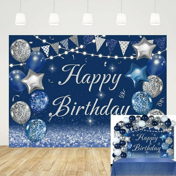 7×5FT Birthday Backdrop Silvery Balloons Navy Blue Backdrop Adults Men And Women Birthday Party Decorations