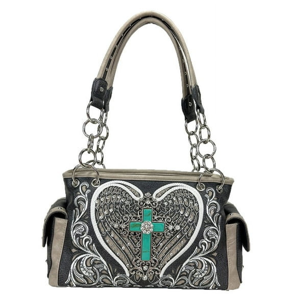 ZZFAB Rhinestone Angel Wing & Cross Western Handbag Grey