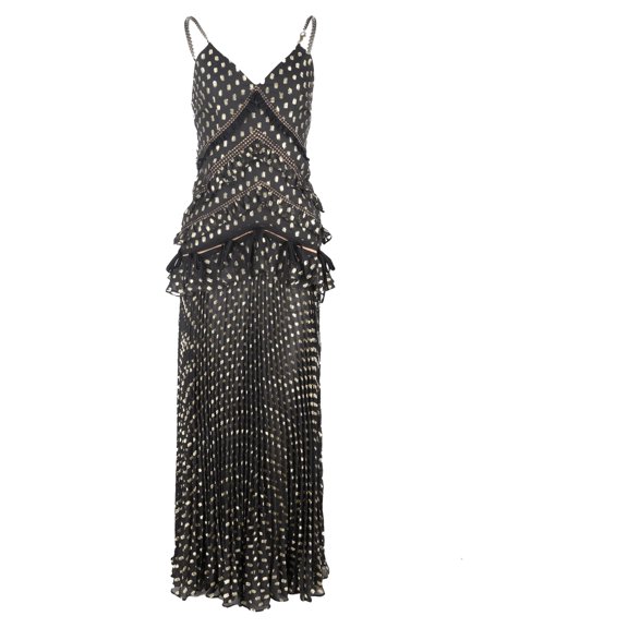 Pre-Owned Self-Portrait Cutout Lace-Trimmed Pleated Metallic Maxi Dress In Black Polyester