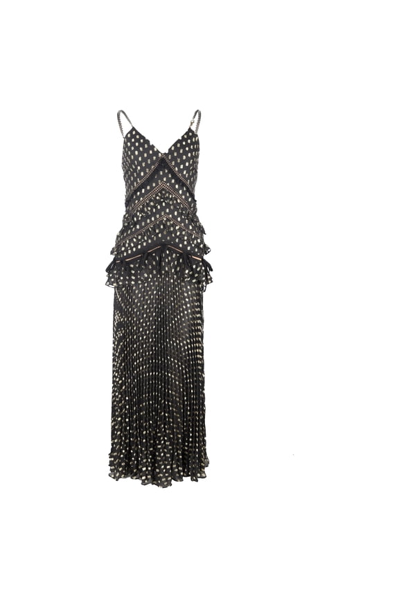 Pre-Owned Self-Portrait Cutout Lace-Trimmed Pleated Metallic Maxi Dress In Black Polyester