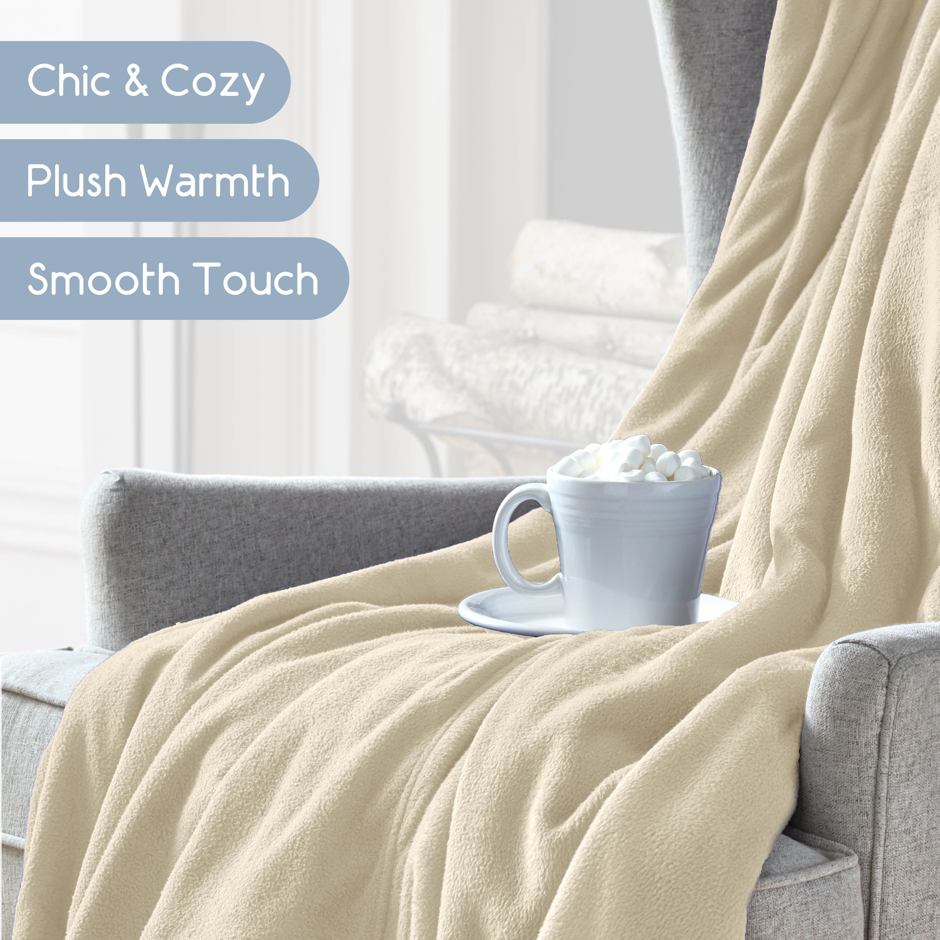 Soft All-Season Microfleece Bed Blanket – Lightweight Cozy Throw – King Size – Ivory