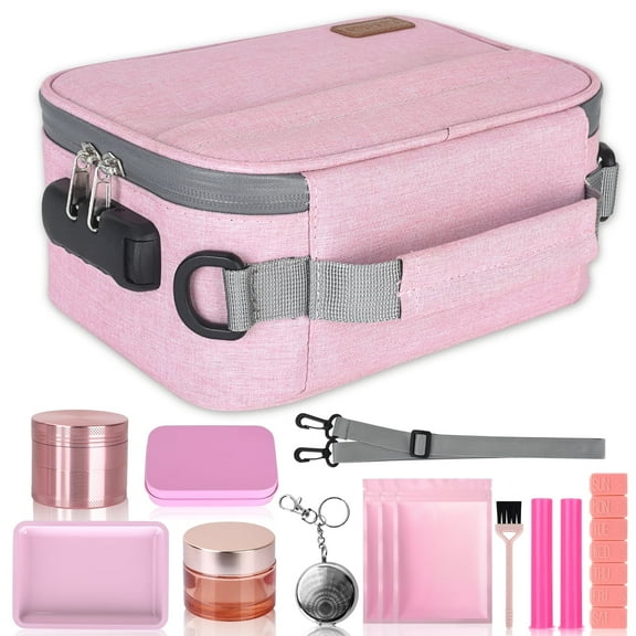 PODAHO Large Smell Proof Bag Set with 10 Items, Carbon Lined Smell Proof Box Case with Combination Lock, Odor Proof Containers Pouch for Smoking Products, Great Gift for Women, (Pink Set)