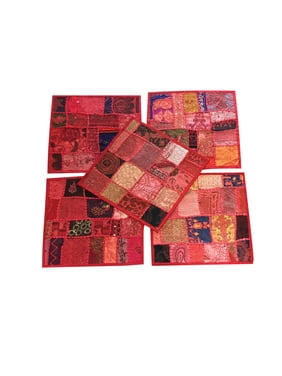 Mogul Set Of 5 Decorative Beautiful Handmade Cushion Covers Vintage Red Patchwork Pillow Case 16X16