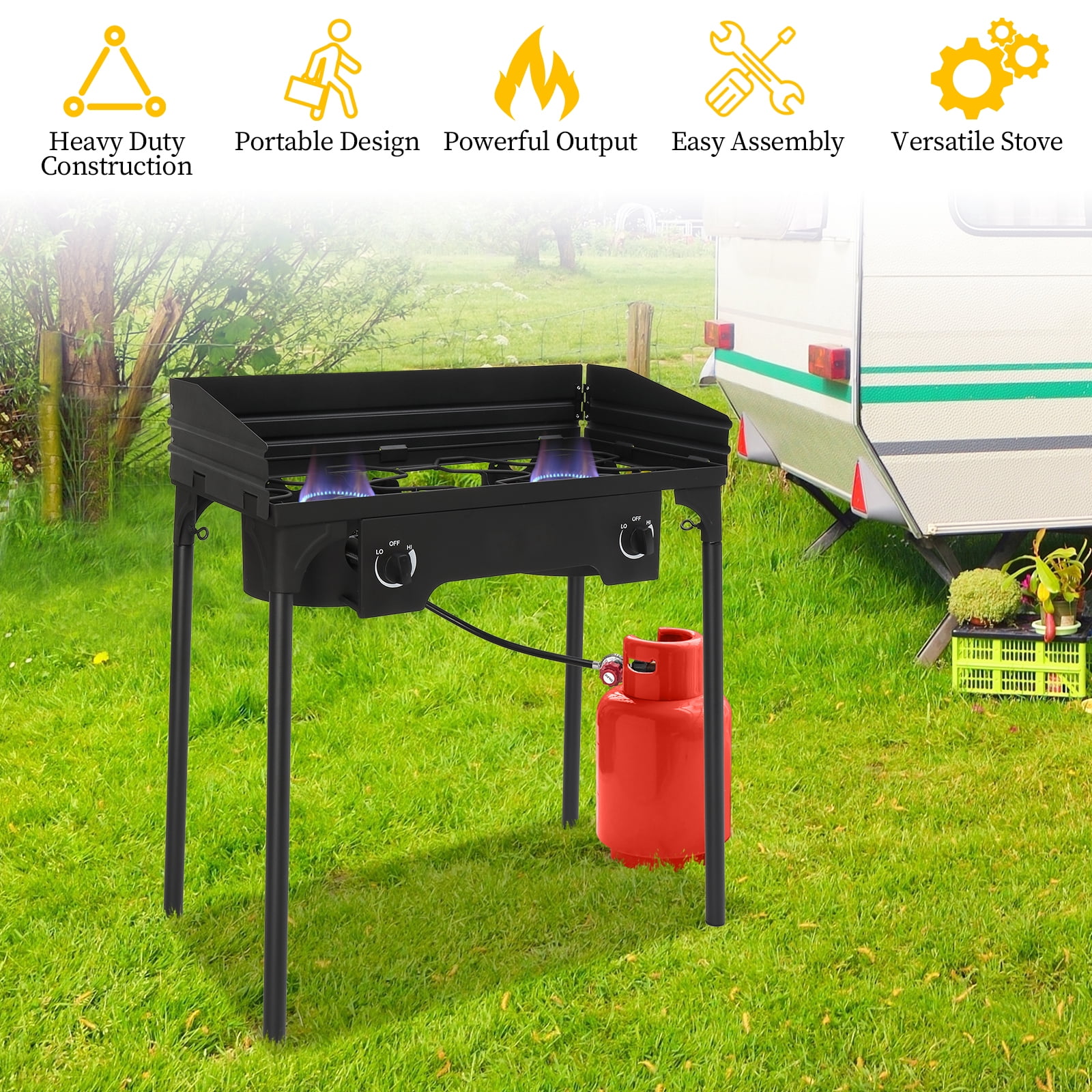 Winado Propane Burner  2 Burner Outdoor Stove Camping Burner w/ Wind Panel,150,000-BTU