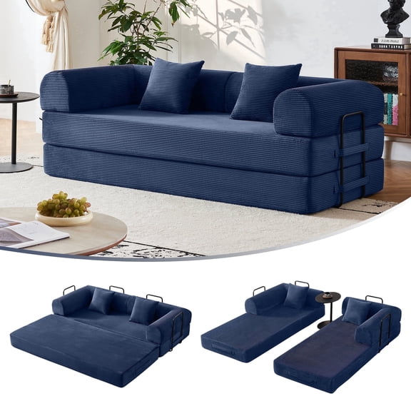 79" Convertible Sofa Bed for Small Spaces, 5-in-1 Sleeper Sofa with Removable Arms | No Assembly Corduroy Futon | Fixed Frame for Stability | Includes Pillows (Blue)