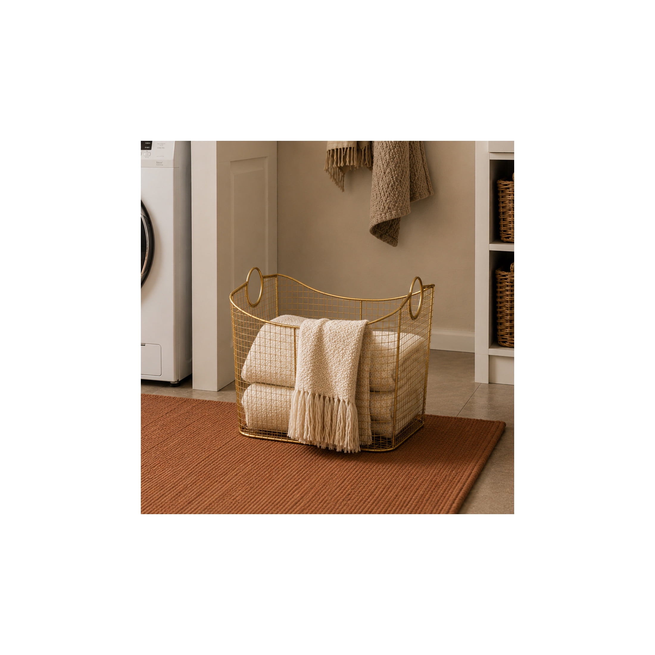 DecMode 20" x 19" Gold Metal Deep Storage Basket with Curved Sides and Ring Handles, 1-Piece