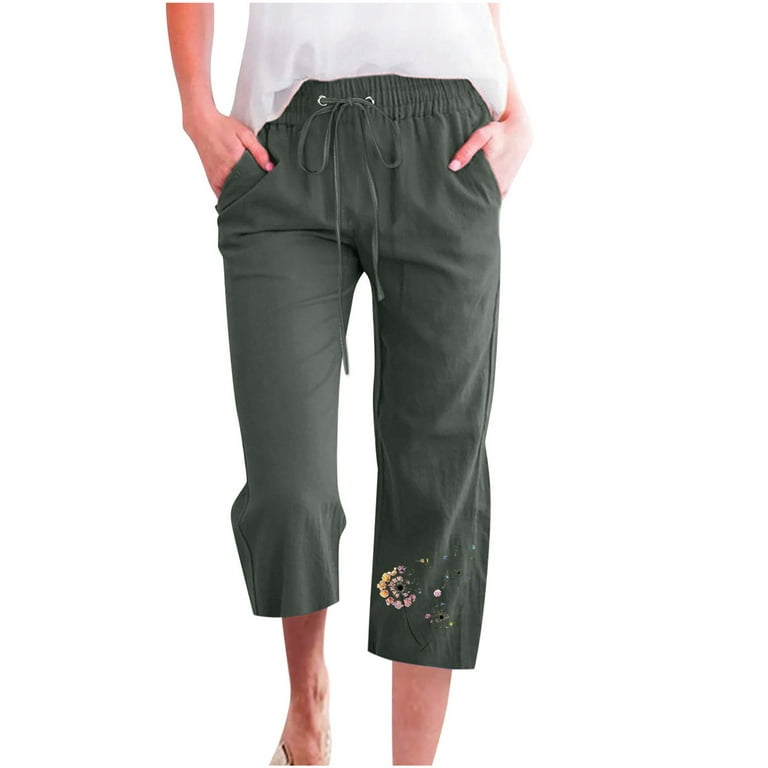 Oalirro Drawstring Pants Women Petite Cropped Pants Capri Leggings for Women  with Pockets Cotton Linen Army Green 
