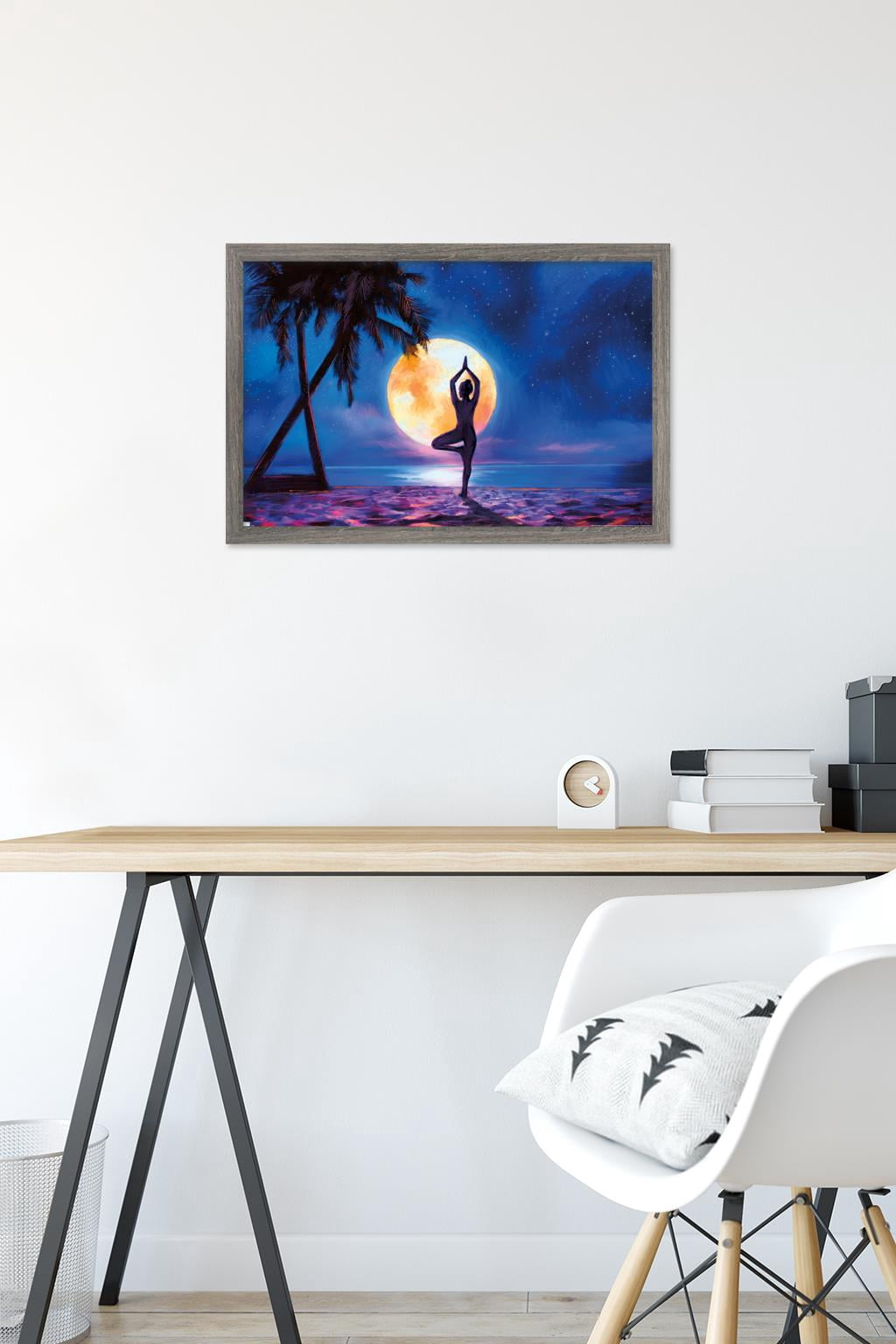 PD Moreno - Fine Art - Yoga Moonlight Beach Wall Poster, 14.725" x 22.375" Framed