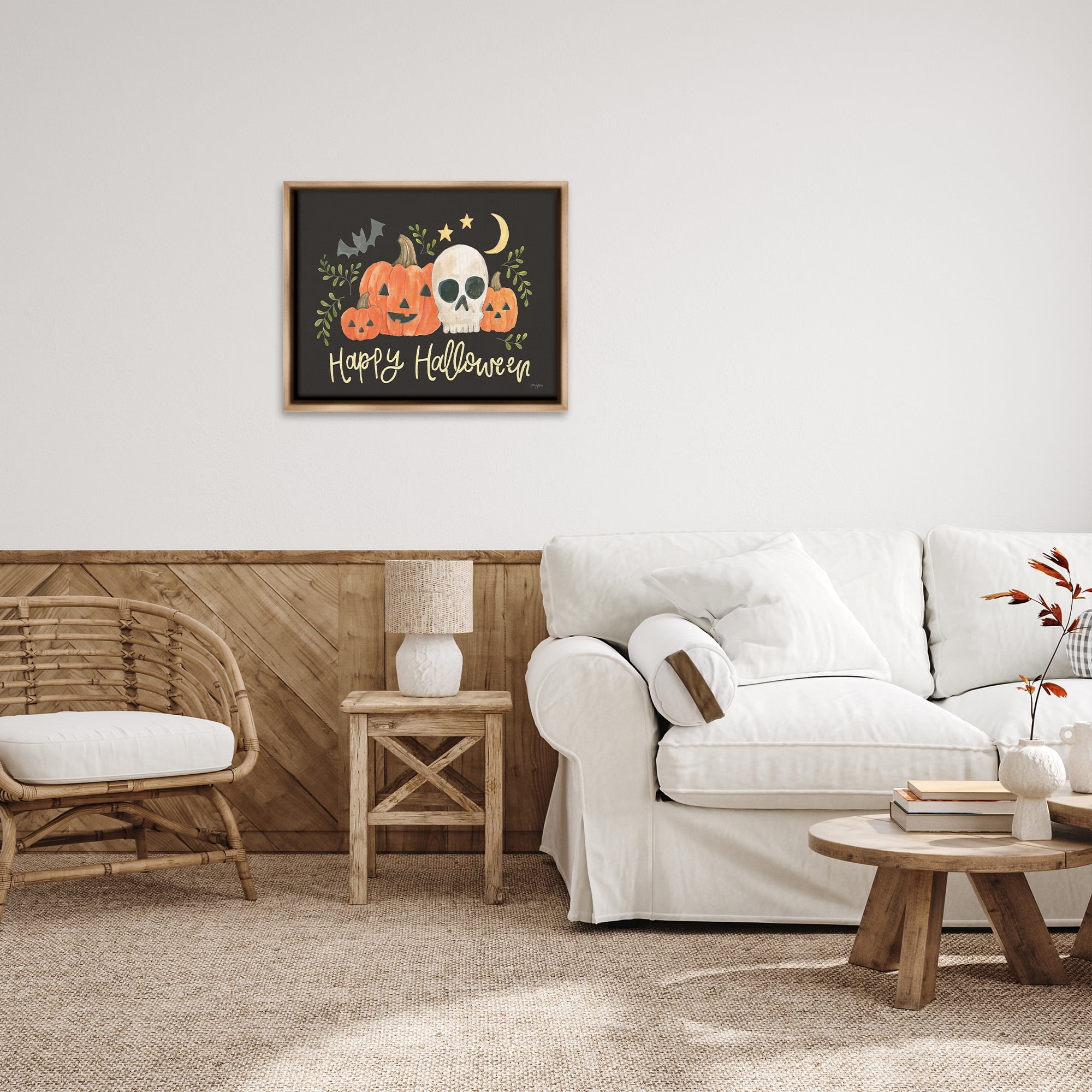 Stupell Industries Whimsical Happy Halloween Holiday Painting Brown Floater Framed Canvas Art Print Wall Art, 31 x 25