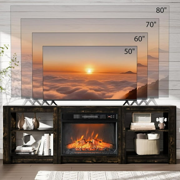 Matladin Fireplace TV Stand with 23'' Electric Fireplace up to 80'' TVs, with Electric Heater & Adjustable Shelves, 70'' Fireplace Media Console Table