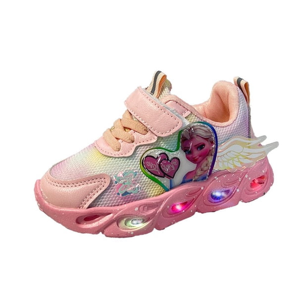Nuevos zapatos deportivos informales de malla transpirable de Disney para niños, zapatos informales cómodos de dibujos animados congelados con luz led coreana para niños, plantilla de 16cm Gao Jinjia LED