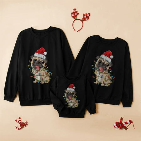 

women Christmas pajamas for family matching outfits son daughter sets soft Black Parent-child Attire Christmas Printed Long Sleeve O-Neck Shirts Tops Pullover Family M