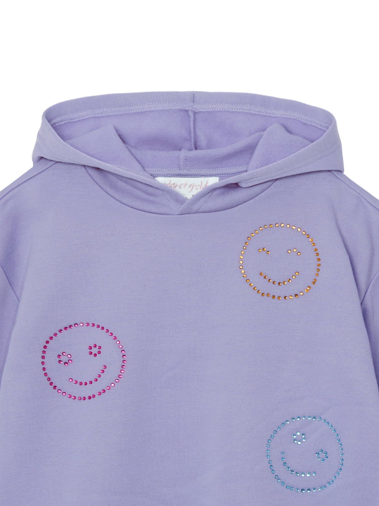 Planet Gold Girls' Rhinestone Smiley Face Embellished Fleece Hoodie and Pant, 2-Piece Set, Sizes 4-18