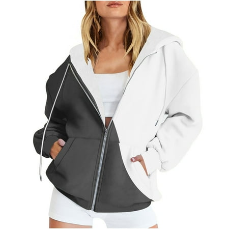 jtjvou Women s Casual Hooded Sweater Jacket Printed Zippered Long Sleeve Soft Comfortable Lightweight Fashionable Spring Casual Wear Ideal for Party Work Vacation Gray M