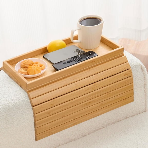 Bamboo TV Tray, Sofa Armrest Table with Storage, Fits 6 in and Wider, Natural