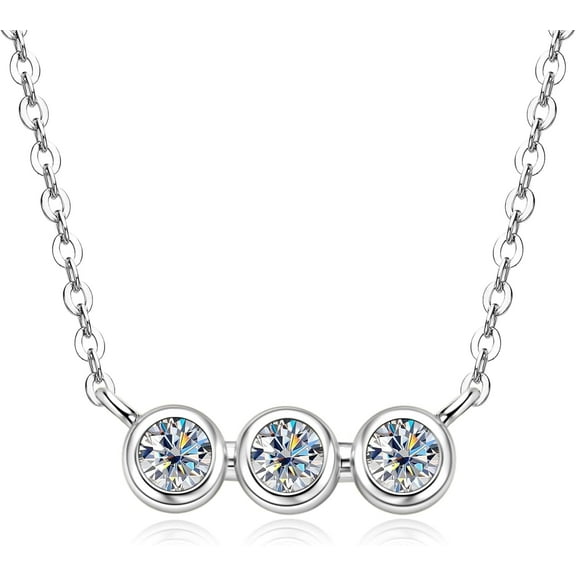 Leander Three Stone Moissanite Pendant Necklace, D Color VVS1 Clarity 925 Silver Bezel Pendant for Women Wife Birthday Jewelry Gift