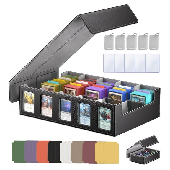 Trading Card Storage Box with Commander Display , 5-Row Deck Case with Removable Lid; 3900  Card Deck Box for MTG TCG Sports Card, 5 Toploaders, 5 Stoppers, 24 Dividers,1 Dice Tray (Gray)
