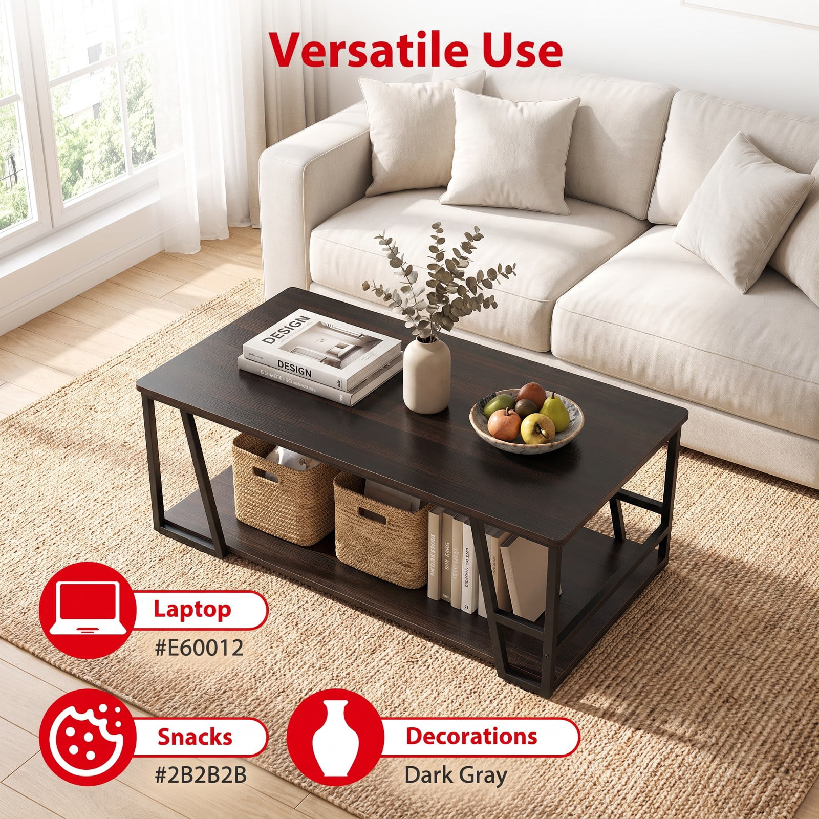 Furnibear Rectangle Industrial Coffee Table 2 Tier Accent Table with Storage Shelf and Side Compartment for Living Room, Brown
