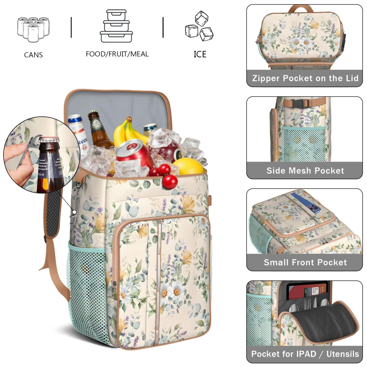 Travel Cooler Bag - Pioneer Flower Floral Print Pattern Camping Beer Cooler Backpack with Bottle Opener- Waterproof Insulated Picnic Backpacks - Cooler Bag for Beach
