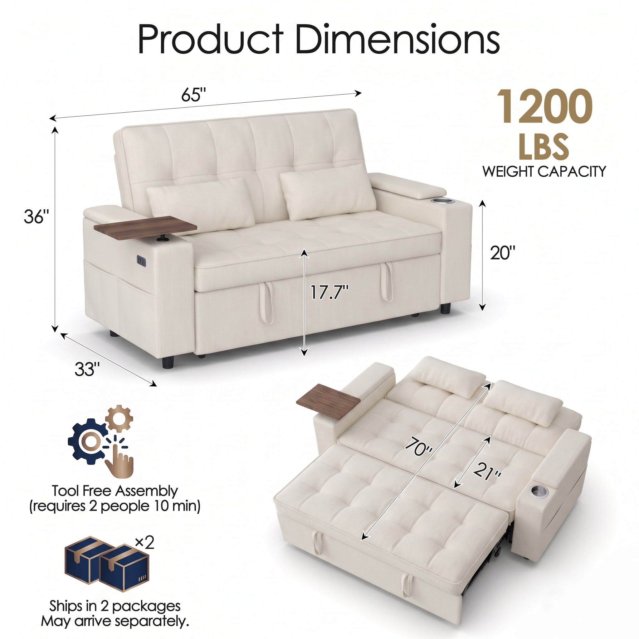 Xiweot 65" Sleeper Sofa Bed, 3-in-1 Convertible Chenille Futon Couch, Loveseat Sofa with Adjustable Backrest, Pull out Couch with Storage Armrest, Table & Pillows for Living Room Apartment (Beige)