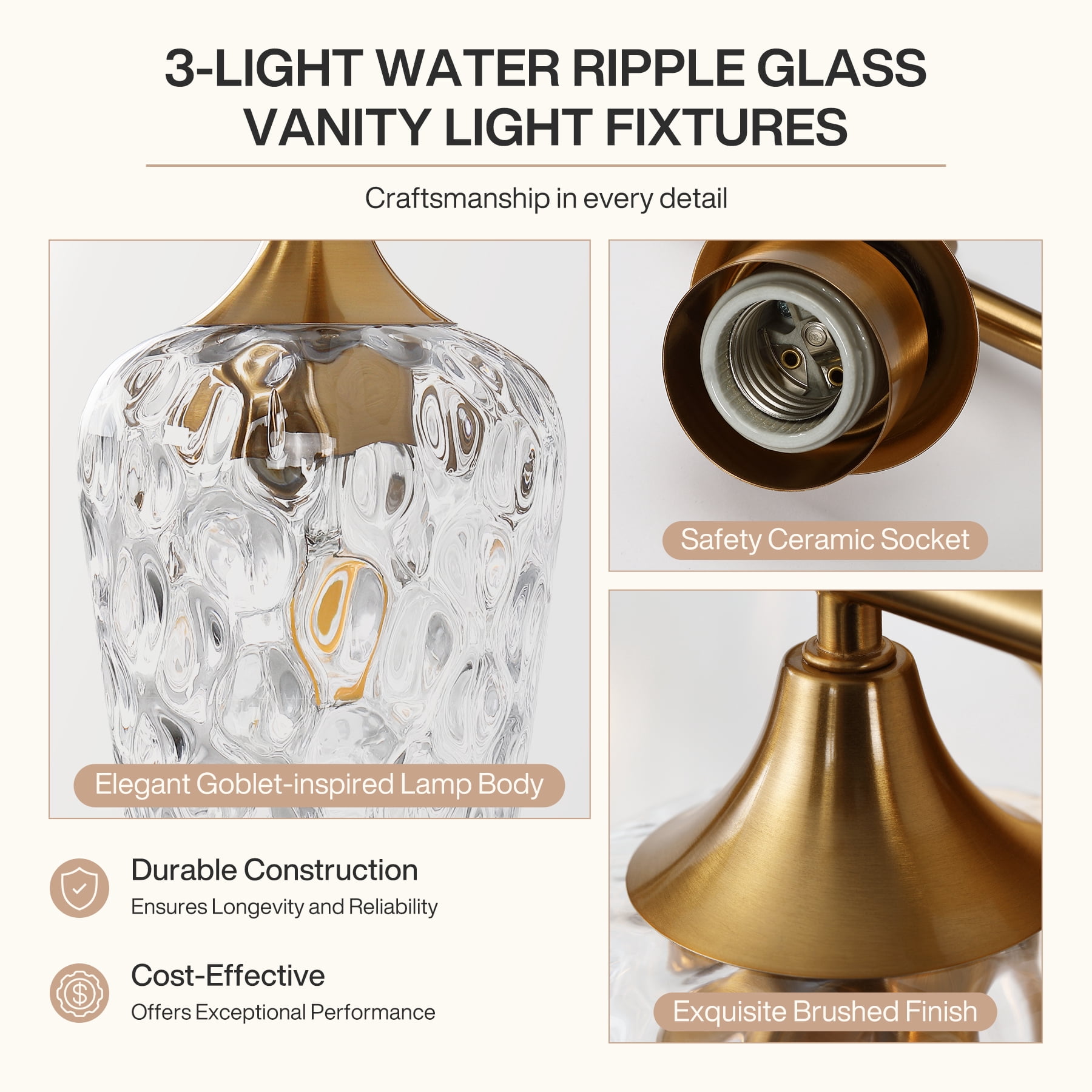 Fnova Modern Gold Bathroom Vanity Light, 21" 3-Light Wall Sconce with Clear Glass Shades, E26 Base Bath Light Fixture over Mirror