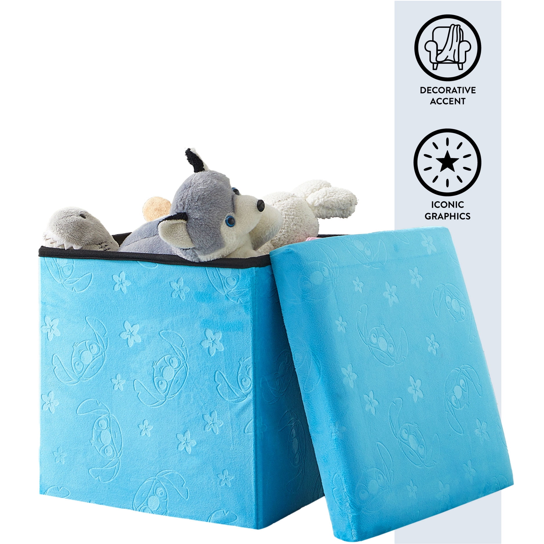 Disney Stitch Kids' Embossed Storage Ottoman, Blue, 15" x 15" x 15"