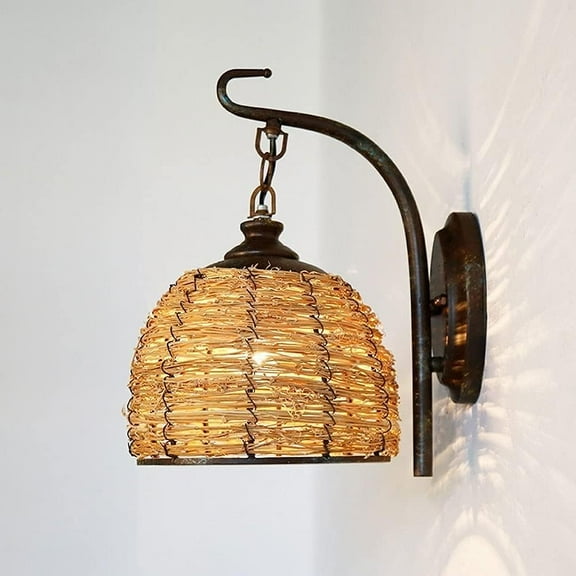 E27 Wrought Iron Bracket Wall Lamp Rattan Weaving Retro Wall Lantern Mediterranean Bird's Nest Wall Light Wicker Shades Cage Weave Wall Lighting Decor for Living Bedside Bar Cafe