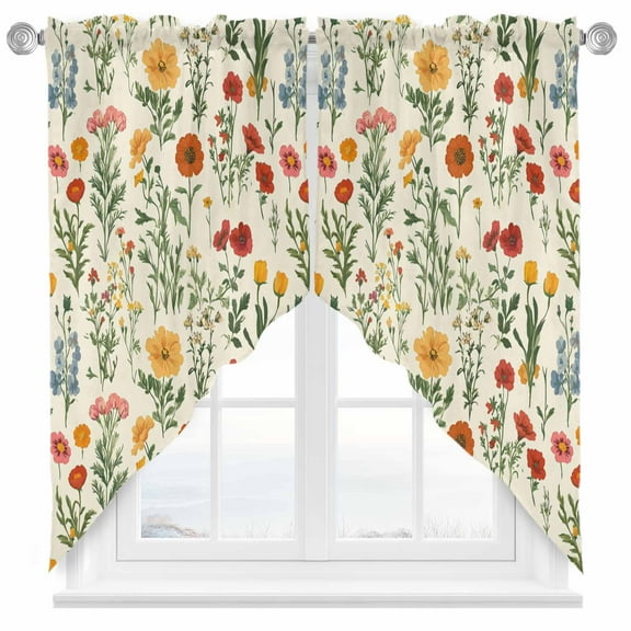 Vintage Style Swag Valances for Windows 2 Pack Poppies Wildflowers Watercolor Plants Herbs Swag Kitchen Curtains 36 Inches Long Rod Pocket Short Window Treatment for Kitchen Bathroom 36"x36"
