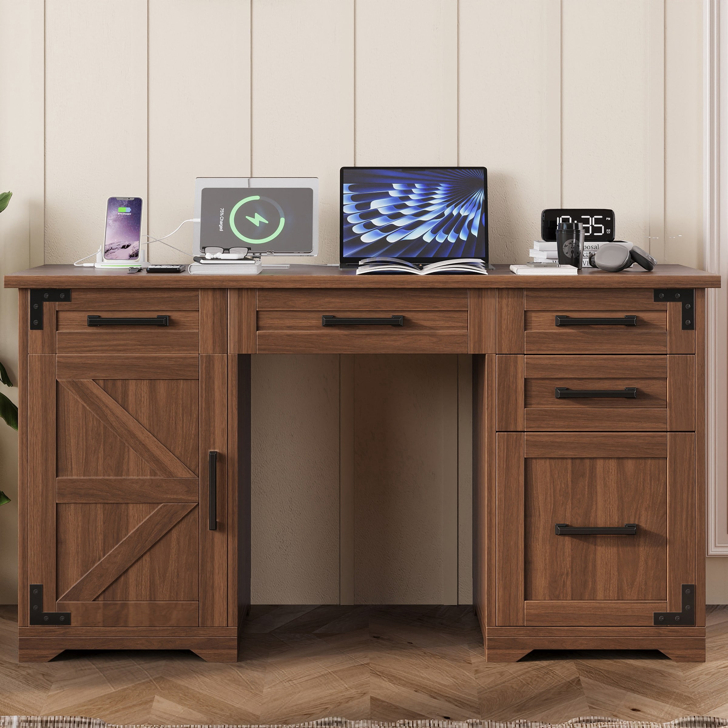 Astoutdoor 55" Farmhouse Executive Desk with Charging Station & Power Outlet, Home Office Computer Desk with 5 Drawers and Cabinet, Rustic Wood Writing Study Table with File Drawer, Walnut