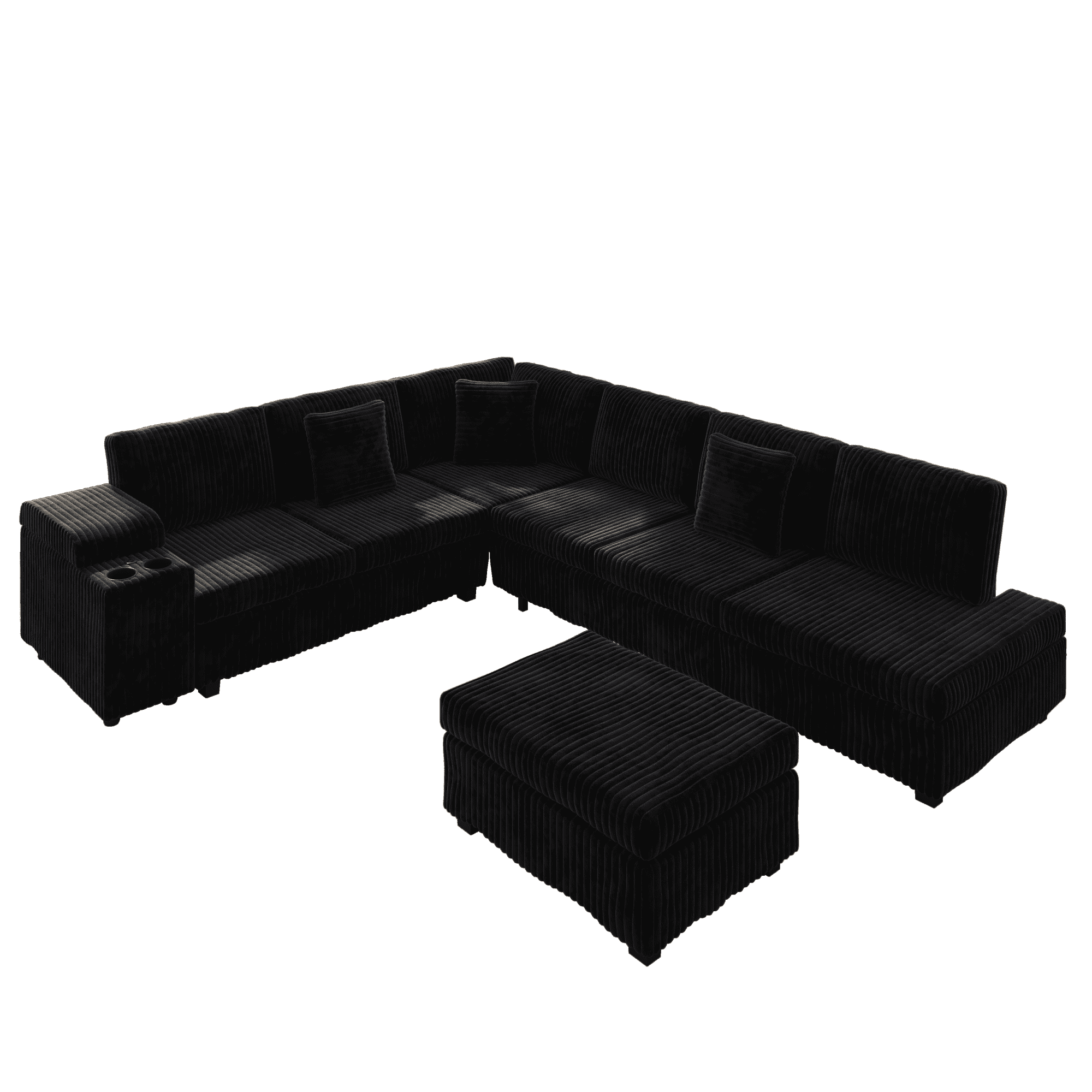 110.2" L-Shaped Sectional Sofa with Removable Ottoman, Covertible Sleeper Sofa with Hidden Armrest Storage, USB Ports & Cup Holders, Plush Corduroy Convertible Couch for Living Room, Apartment