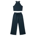 thumbnail image 4 of Women's 2 Piece Outfit Textured Crinkle Fabric Halter Sleeveless Crop Top Drawstring Wide Leg Pants Summer Vacation Casual Matching Set Navy, 4 of 6