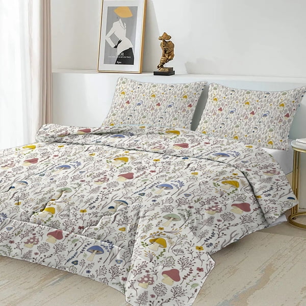 Mushroom Decoration Pattern Duvet Cover Set 3 Pieces Queen Size Soft Bedding Set With 2 Pilowcases with Zipper Closure for Home Bedroom for All Seasons