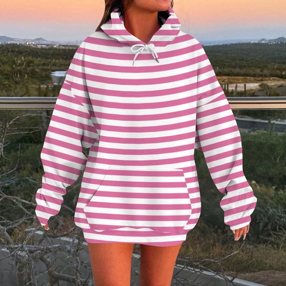 CQONEPT Stripe Sweatshirts for Womens Drawstring Casual Hoodies with Pockets Dressy Casual Pullover Tops Pink XL