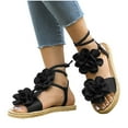 thumbnail image 4 of Flat Sandals for Women, Open Toe Ankle Strap with Floral Embellishment and Woven Rope Sole, Black Size 36, 4 of 9