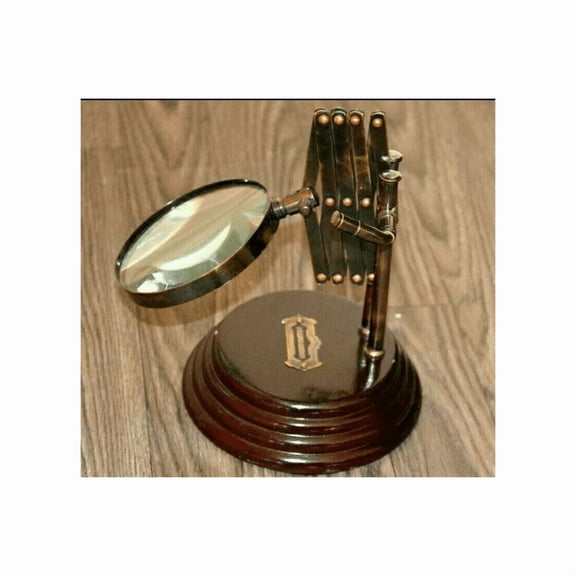Vintage Antique Brass Desk Top Magnifying Glass Wooden Base Chainer Folding Gift
