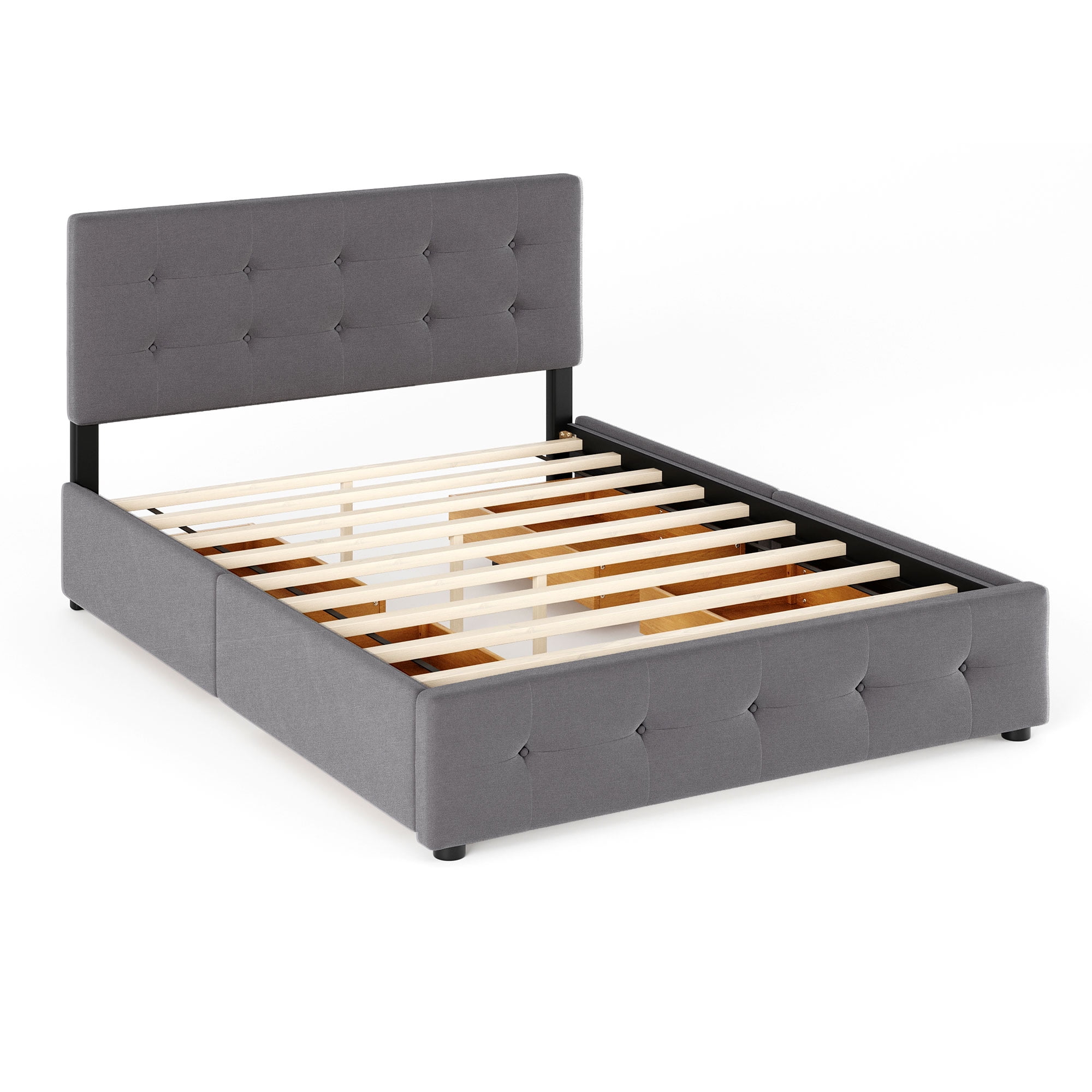 PAPROOS Queen Platform Bed Frame with Storage, Upholstered Platform Bed with Tufted Button Headboard and 4 Drawers, No Box Spring Needed, Queen Size Bed Frame for Adults, Light Gray