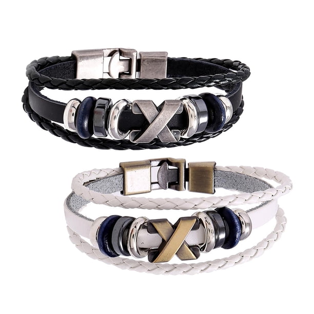 2 pulseras trenzadas de cuero sintético con cadena y cuentas para aniversario o fiesta. Blanco