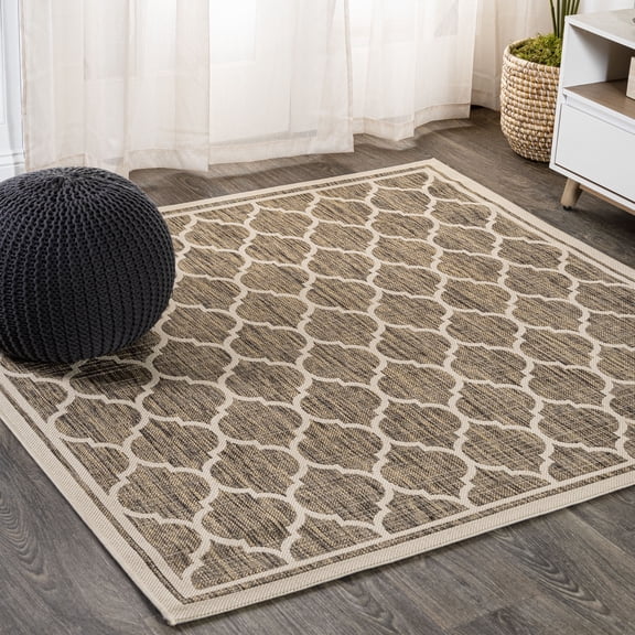 JONATHAN Y SANTA MONICA 4' Square Area Rug, Trebol Moroccan Trellis Textured Weave - Brown/Beige, SMB109A-4SQ