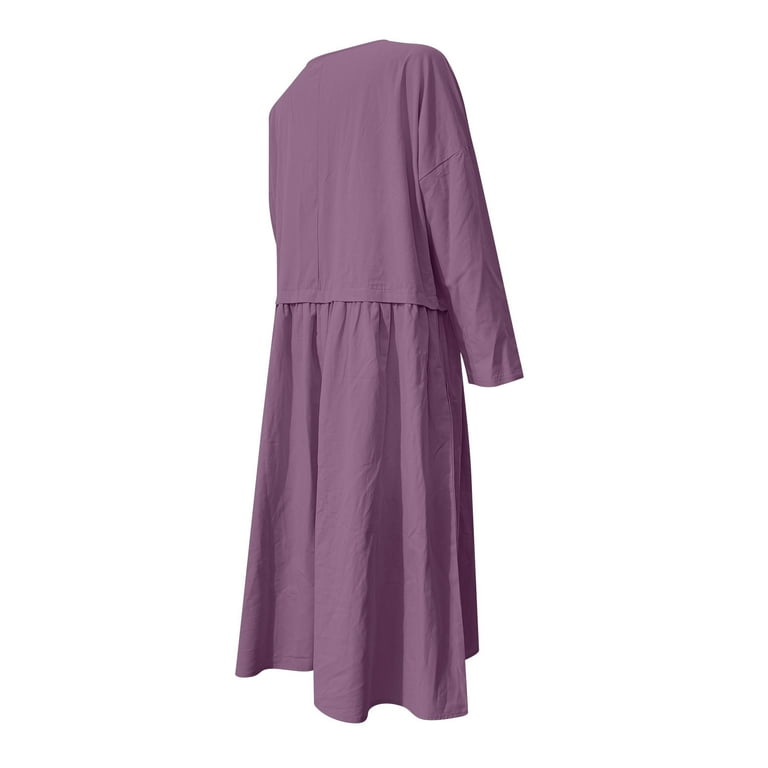 SMihono Women's Cotton Linen Long Sleeve Midi Dress Loose Fit Casual Plain  Pleated Round Neck Flowy Dresses with Pockets Purple XXL - Walmart.com