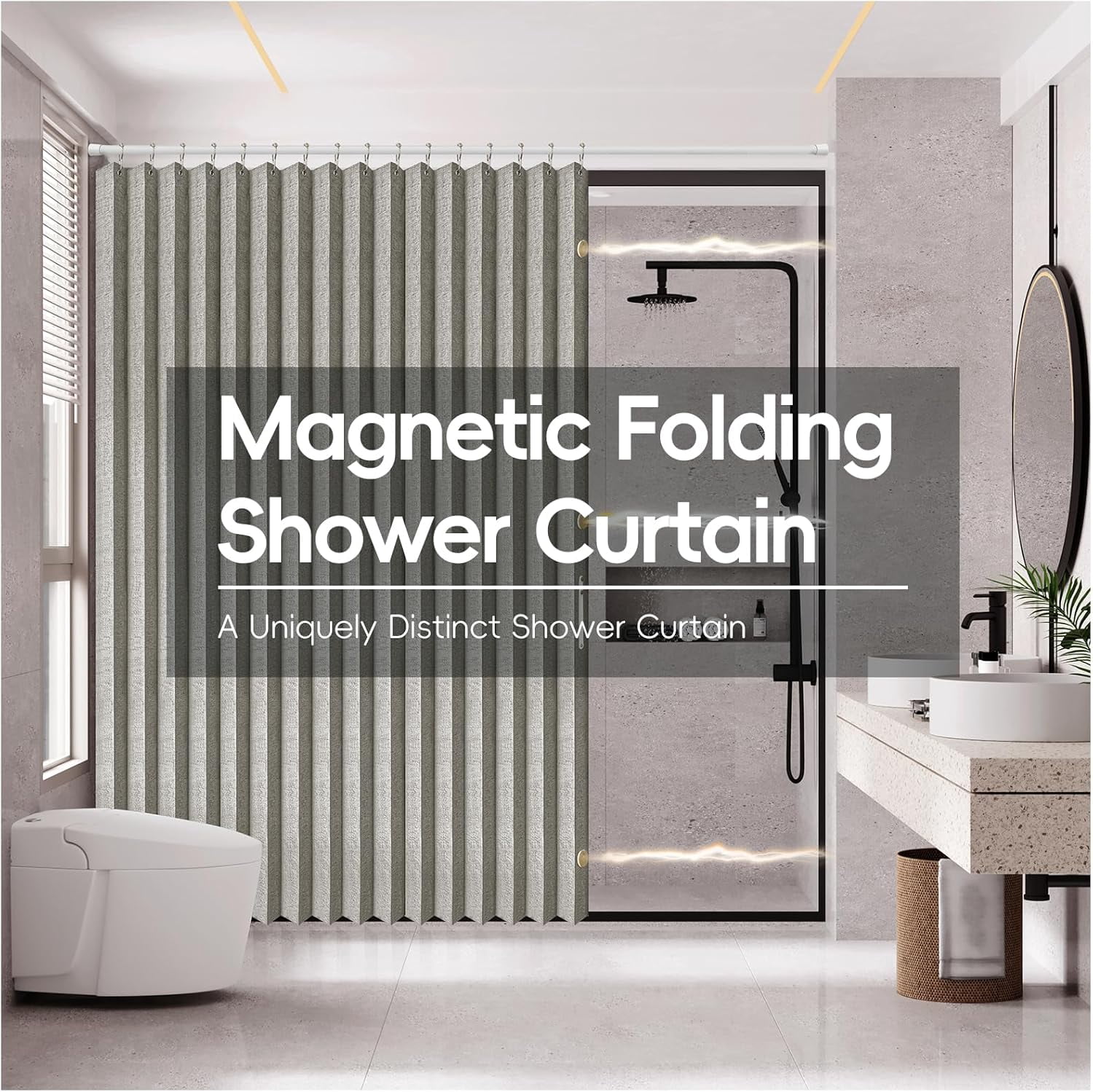 Magnetic Folding Shower Curtains Acordion Shower Curtain Fabric Polyester Waterproof Shower Curtains Suitable for Family Hotel Homestay Bathroom (Grey,77" W x 72" L) 1 Panel