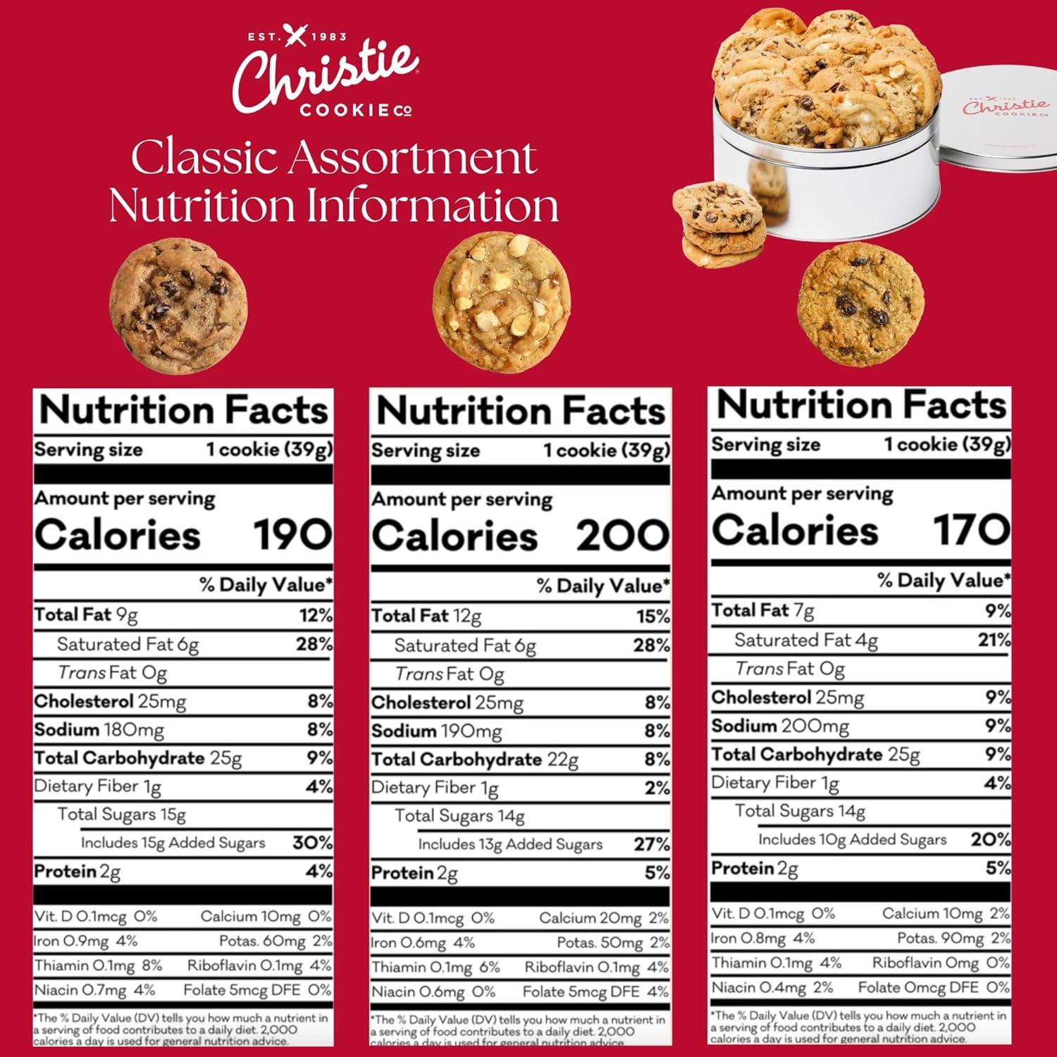 Christie Cookie Co Gourmet Gift Tin Classic Assortment, 18 Count with Chocolate Chip, Oatmeal Raisin and White Chocolate Macadamia Nut Cookies
