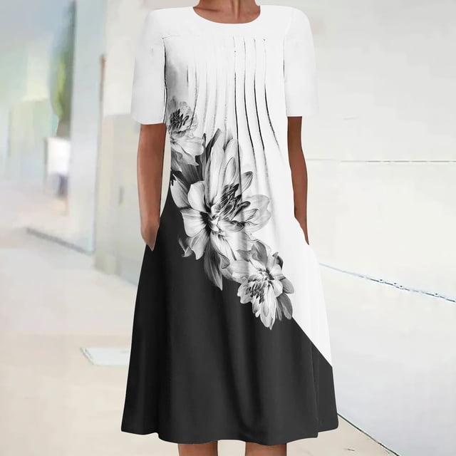Robe Maxi pour Femmes Été Imprimé Bohème Manches Courtes Robe de Plage Robe Longueur Genou Robe Manches Courtes en Liquidation