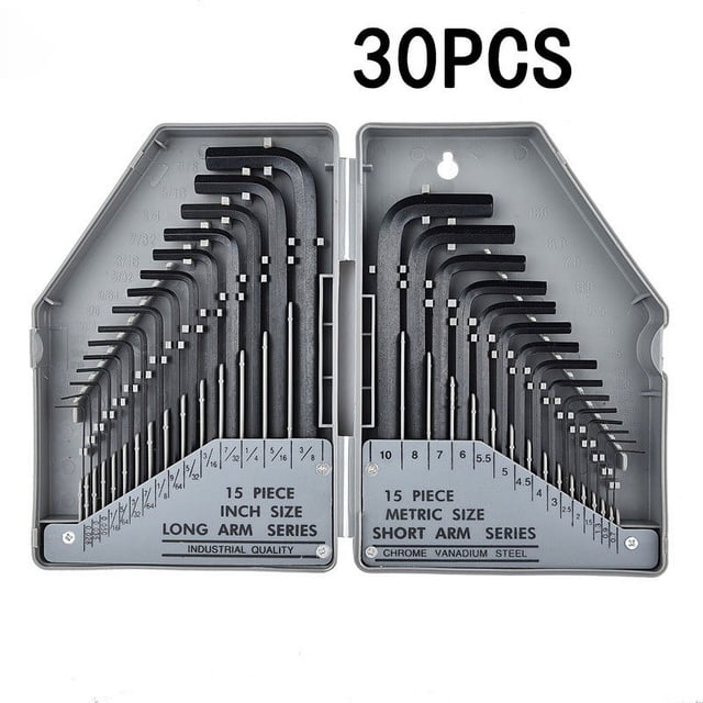 30Pcs Hex Key Wrench 0.028"- 3/8" Inch & 0.7mm-10mm Metric Size Spanner Tool