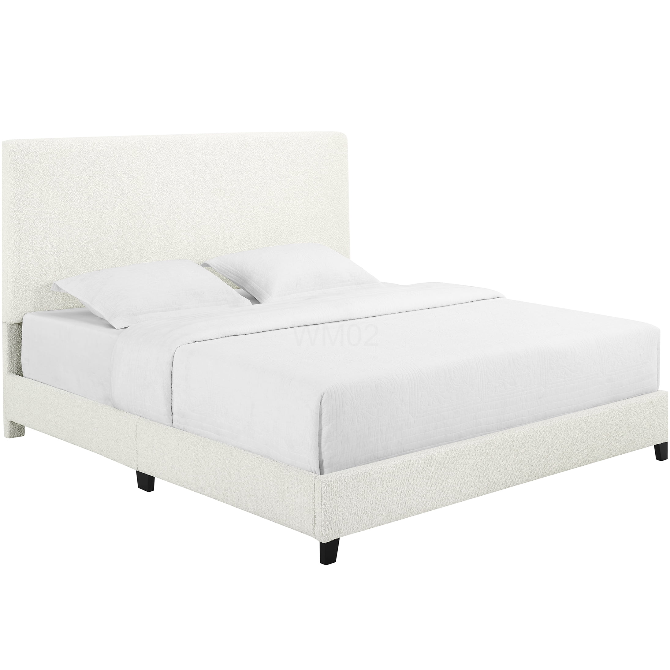 Modern White Boucle Upholstered King Size Bed Frame with Platform Base and Padded Headboard