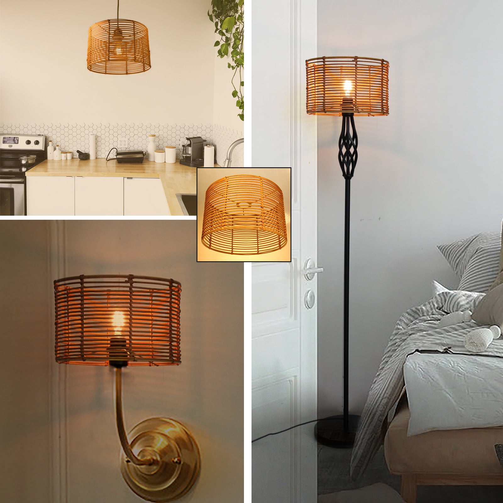 Osasy Rattan Drum lamp shades Woven Boho Rattan Lampshade Chandelier Shades Pendant light Covers E26 E27 Replacement Table Lamp Floor Lamps Lampshades(Dark Brown)