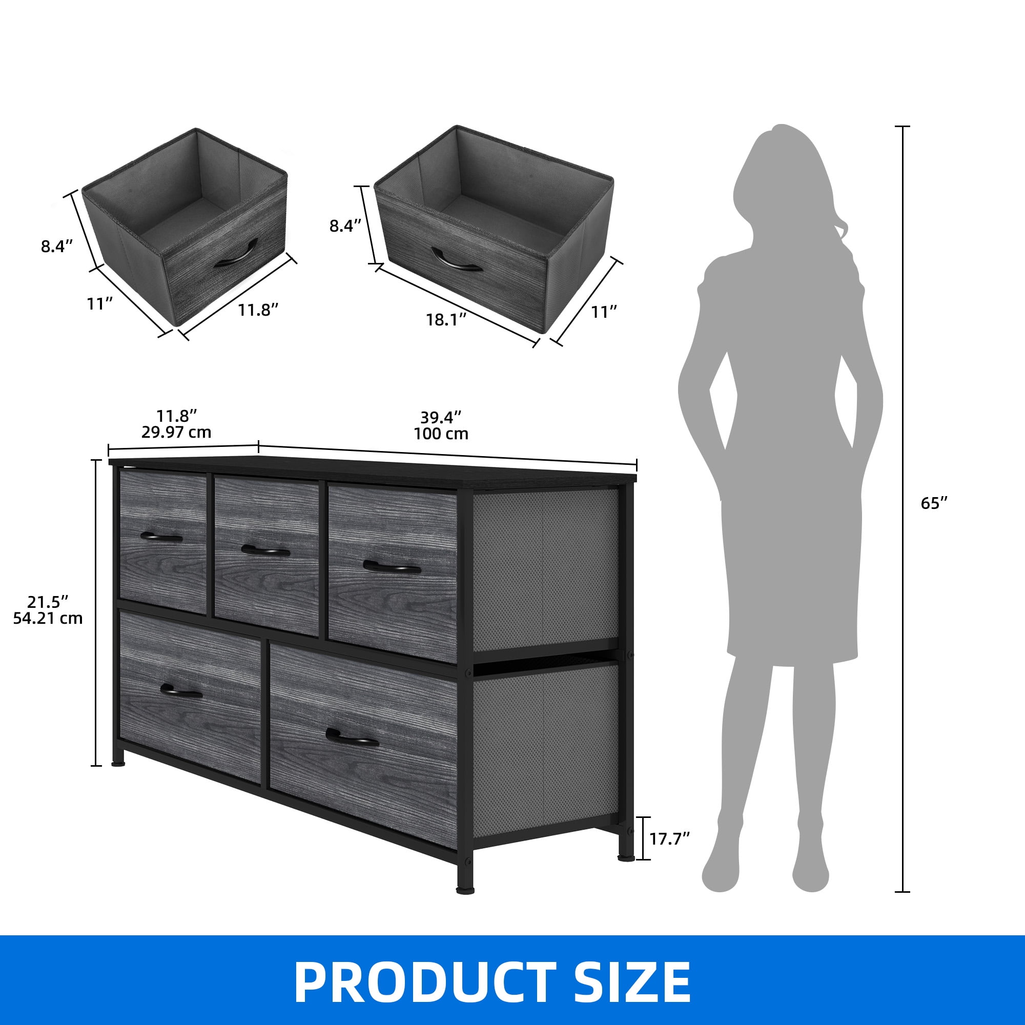 Uforic 5-Drawer Fabric Dresser for Adults & Teens, Storage Tower with Steel Frame & Wood Top, Black